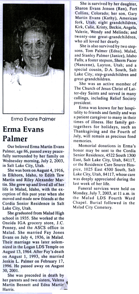 Erma Martin Evans Palmer obit