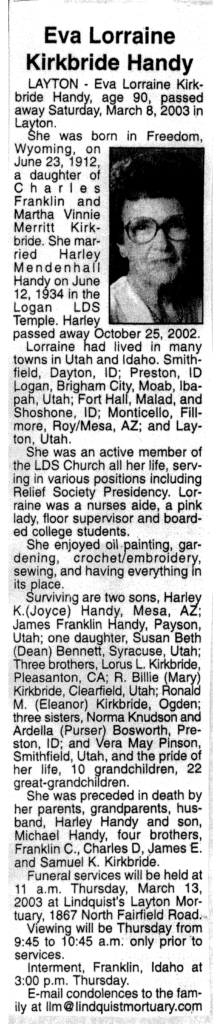 Eva Lorraine Kirkbride Handy obit