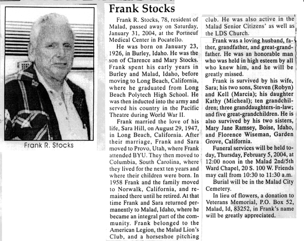 Frank R Stocks obit