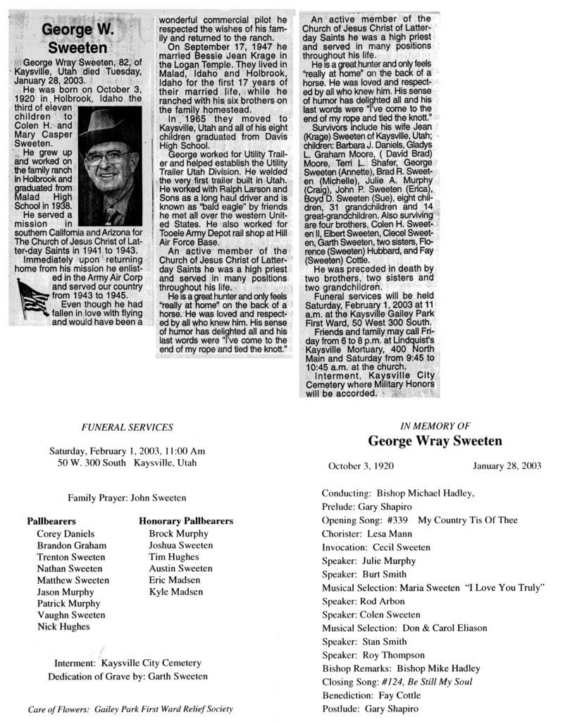 George Wray Sweeten obit and program