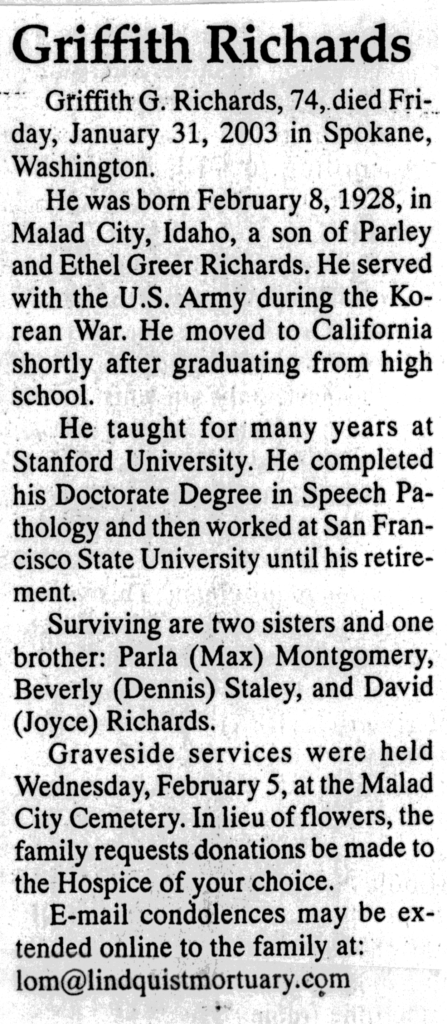 Griffith G Richards obit