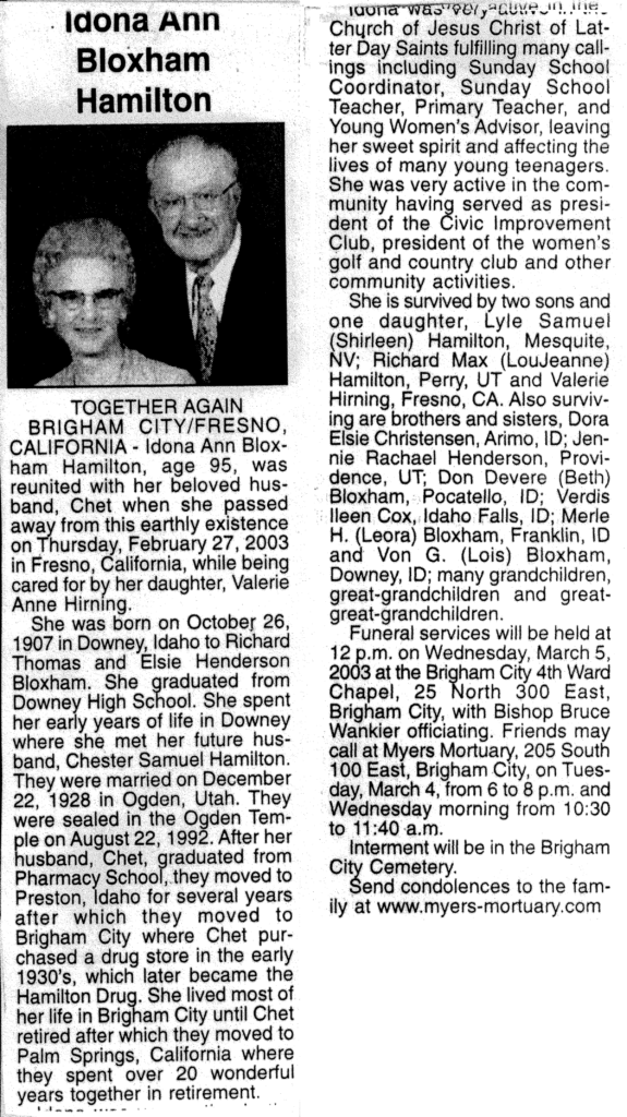 Idona Ann Bloxham Hamilton obit