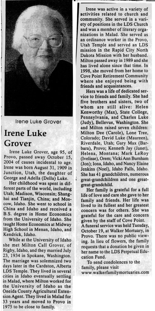 Irene Luke Grover obit