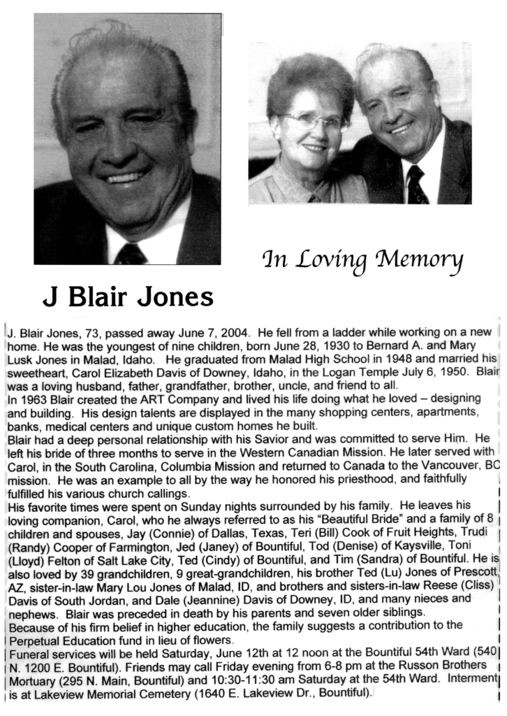J Blair Jones obit
