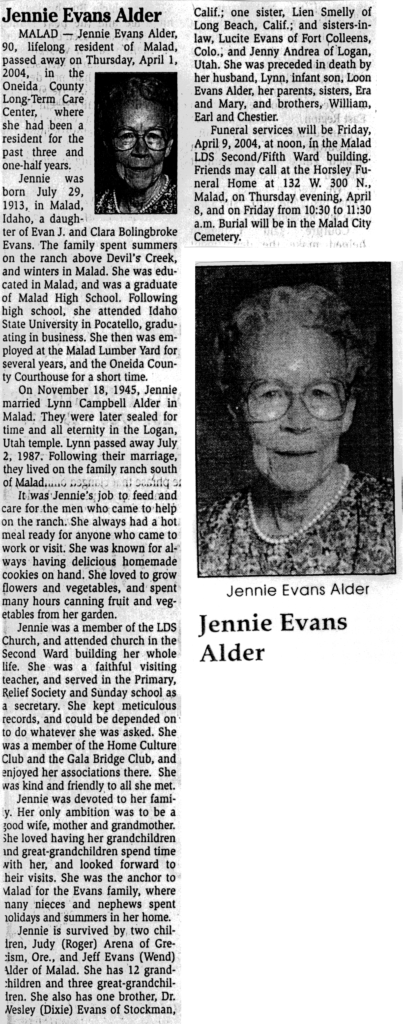 Jennie Evans Alder obit