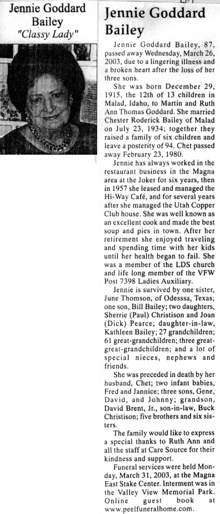 Jennie Goddard Bailey obit