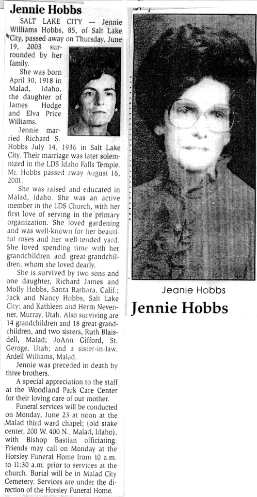 Jennie Williams Hobbs obit