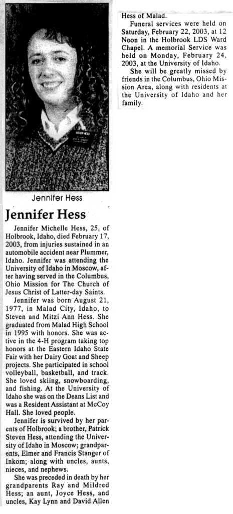 Jennifer Michelle Hess obit