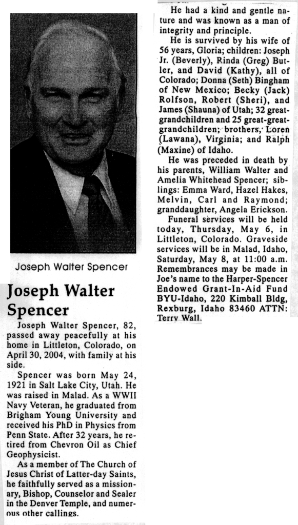 Joseph Walter Spencer obit