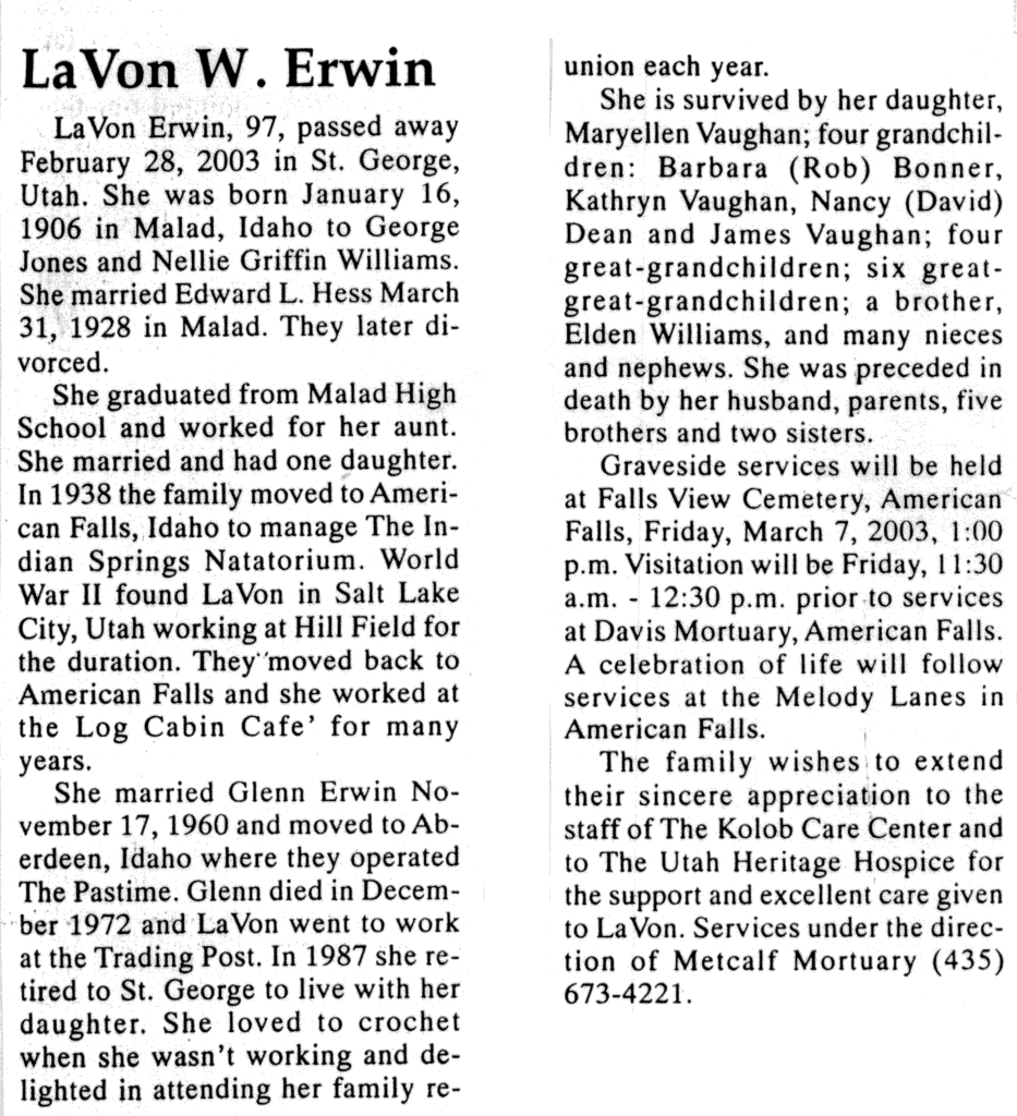 LaVon W Erwin obit