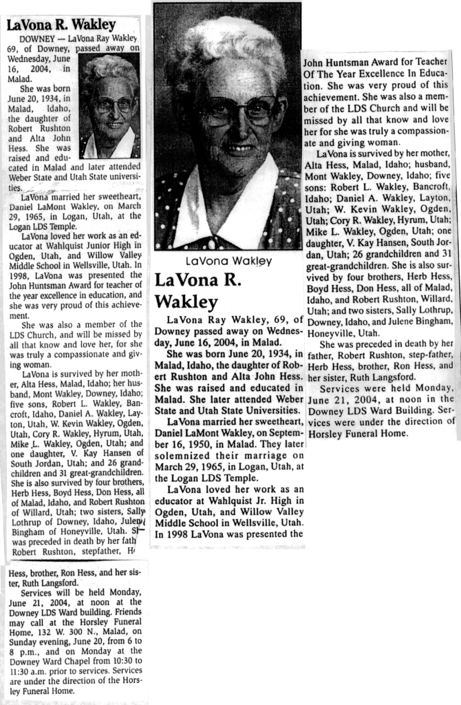 LaVona R Wakley obit