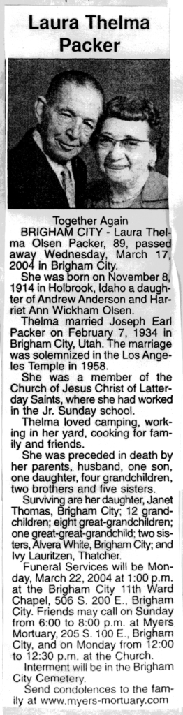 Laura Thelma Olsen Packer obit