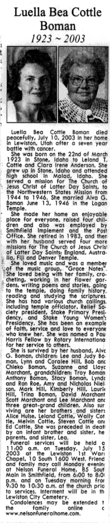 Luella Bea Cottle Boman obit