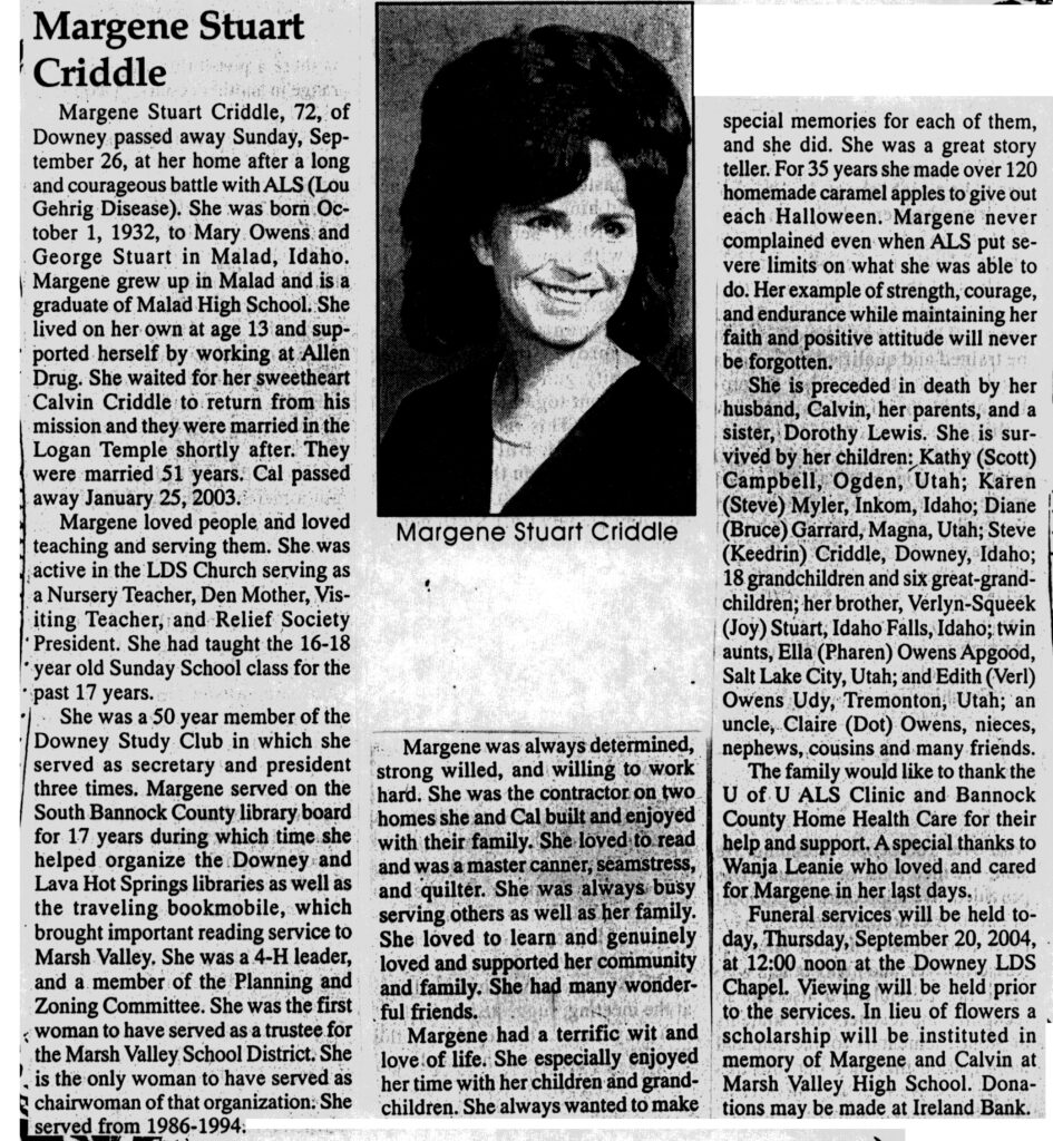Margene Stuart Criddle obit