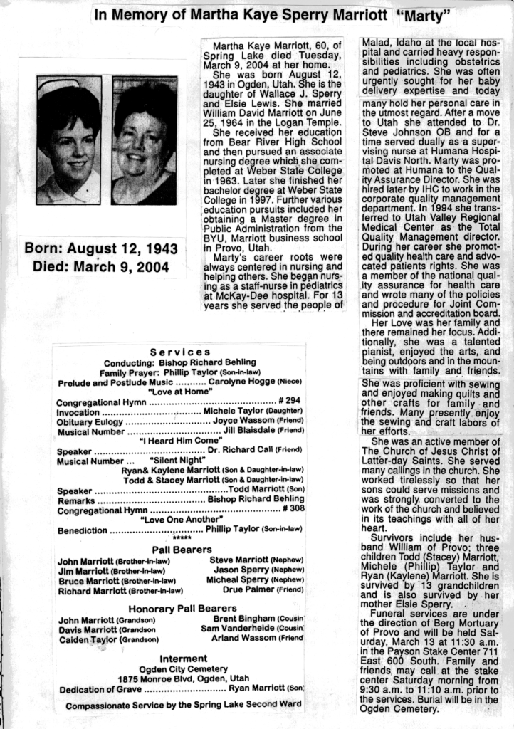 Martha (Marty) Kaye Sperry Marriott obit and program
