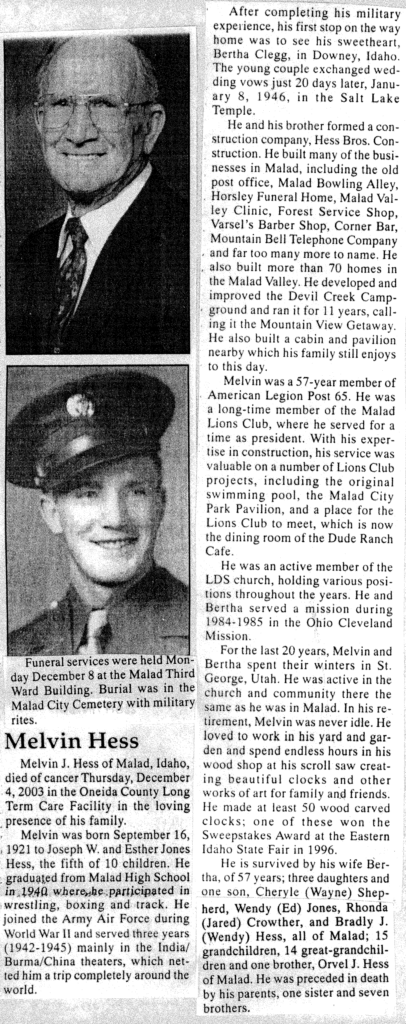 Melvin J Hess obit