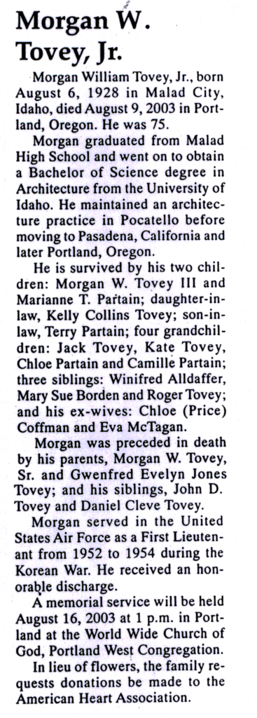 Morgan Williams Tovey Jr obit