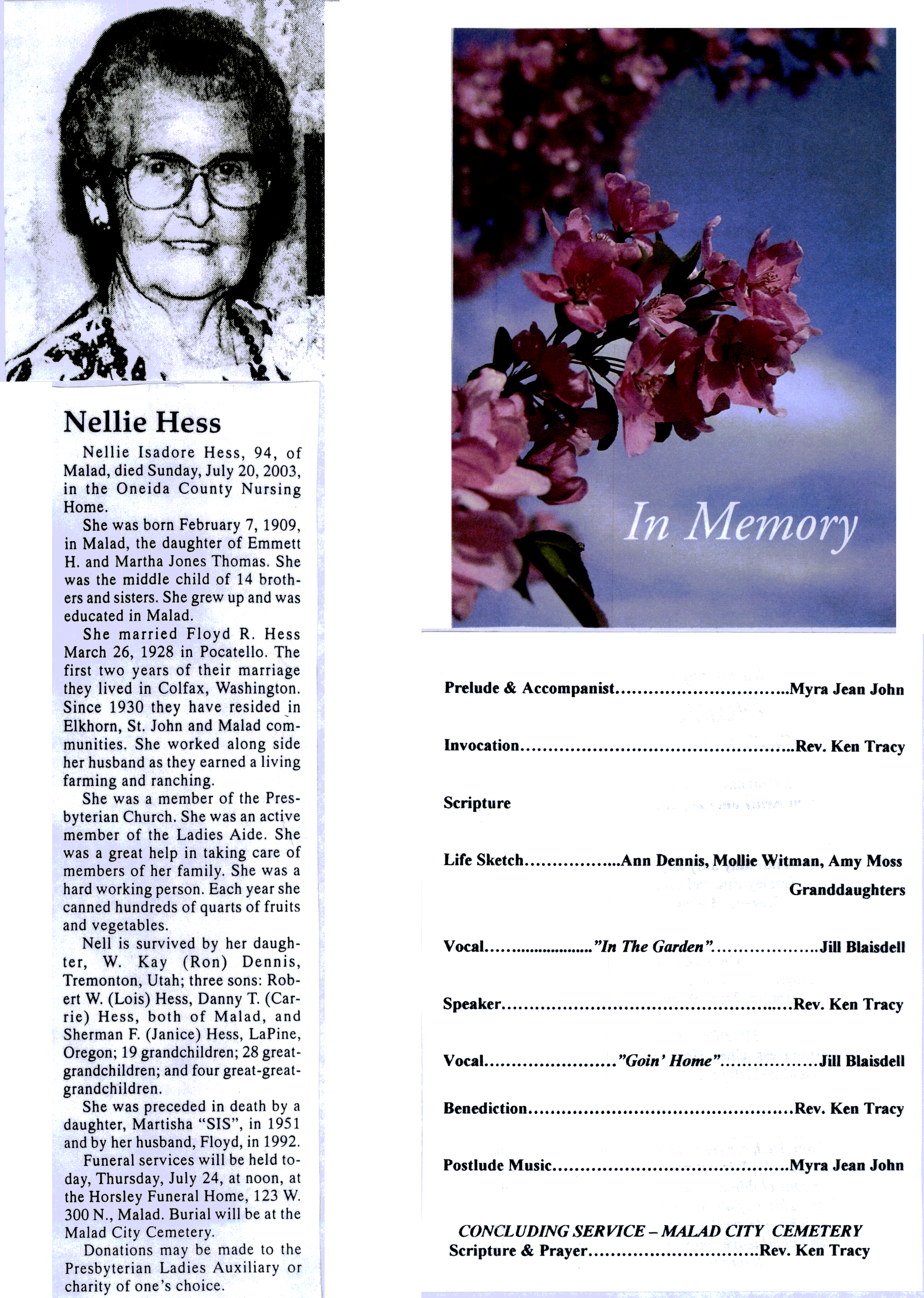 Nellie Isadore Hess obit and program