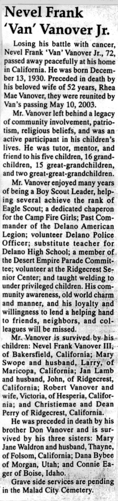 Nevel Frank (Van) Vanover Jr obit
