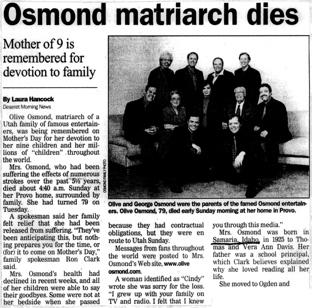 Olive Osmond article page 1