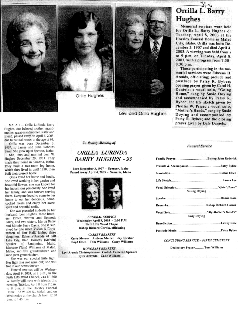 Orilla Lurinda Barry Hughes obit and program