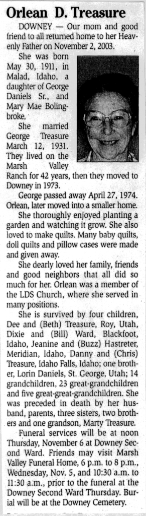 Orlean D Treasure obit