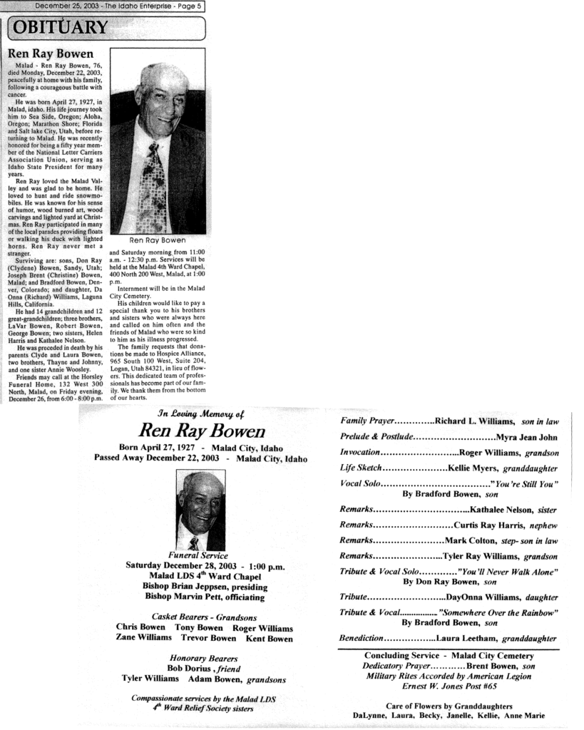 Ren Ray Bowen obit and program