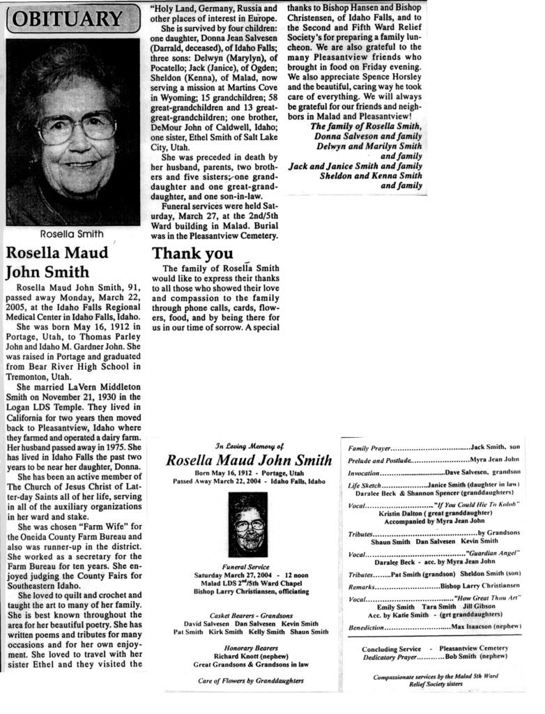 Rosella Maud John Smith obit and program