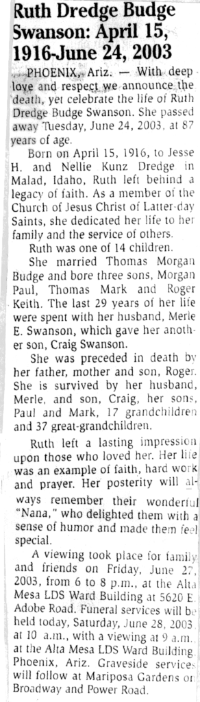 Ruth Dredge Budge Swanson obit