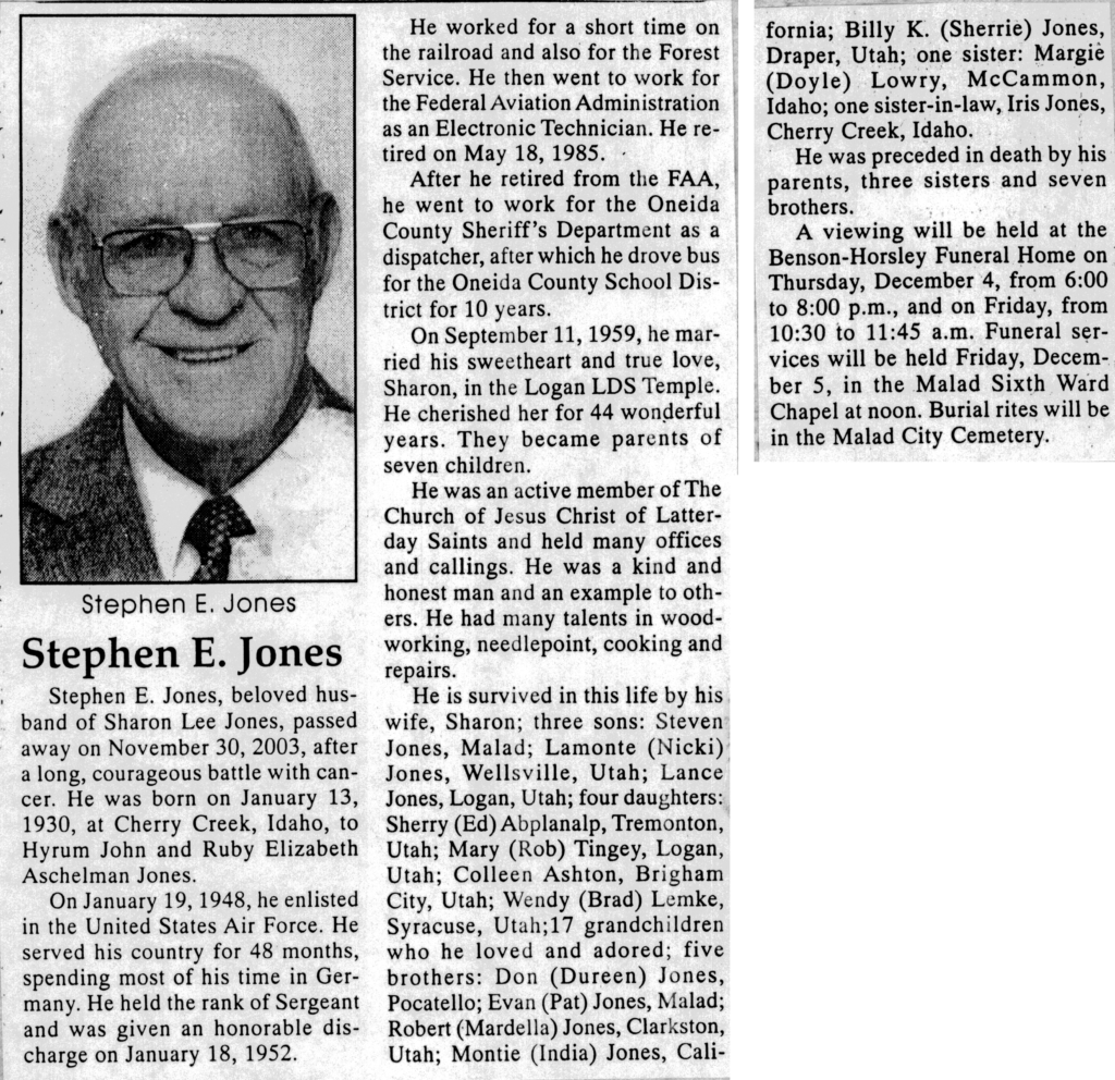 Stephen E Jones obit