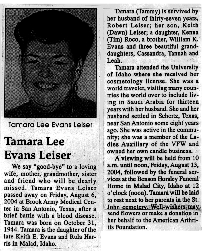 Tamara Lee Evans Leiser obit