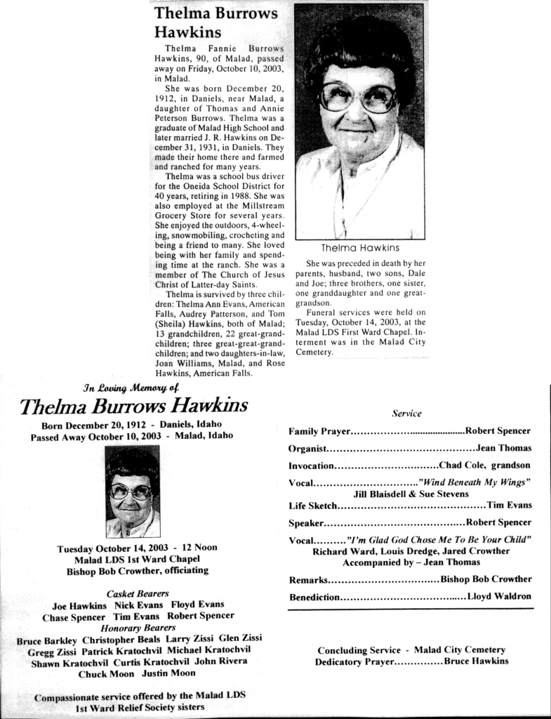 Thelma Burrows Hawkins obit and program