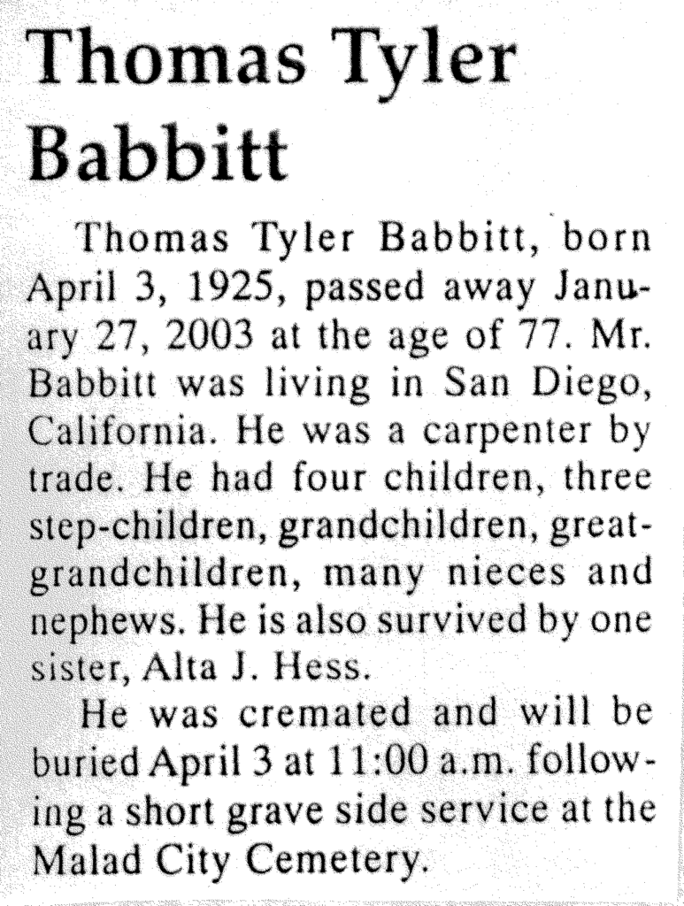 Thomas Tyler Babbitt obit