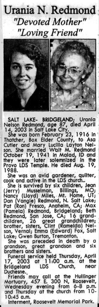 Urania Nelson Redmond obit
