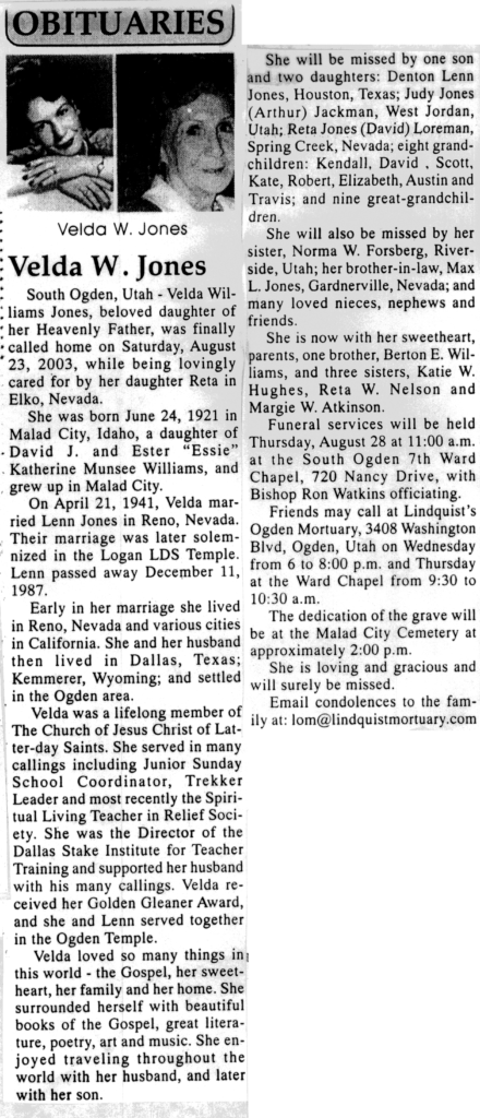 Velda Williams Jones obit