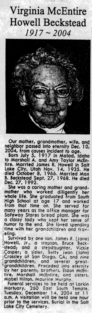 Virginia McEntire Howell Beckstead obit