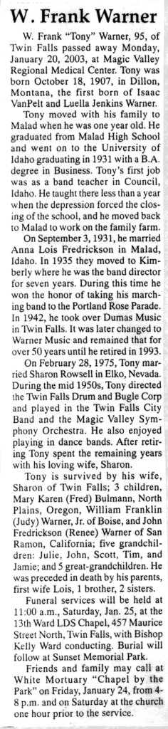 W Frank (Tony) Warner obit