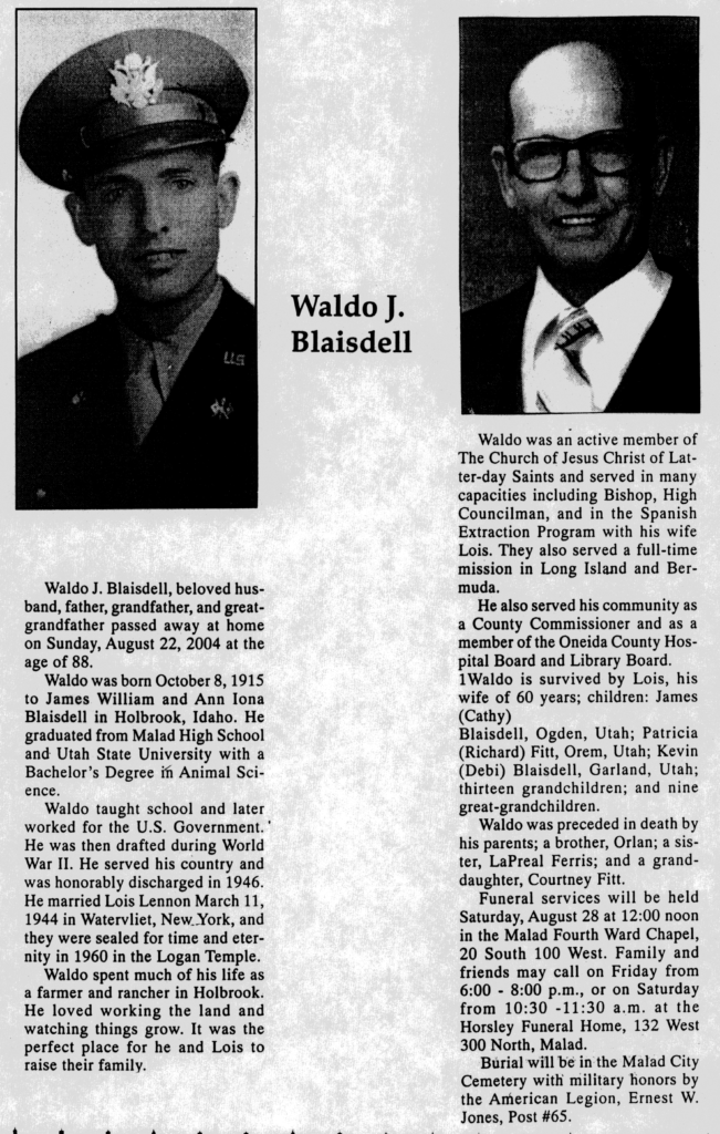 Waldo J Blasidell obit
