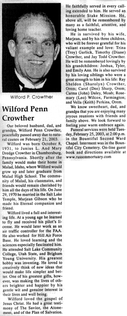 Wilford Penn Crowther obit