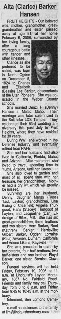Alta (Clarice) Barker Hansen obit