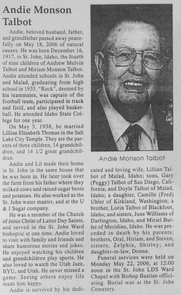 Andrew (Andie) Monson Talbot obit