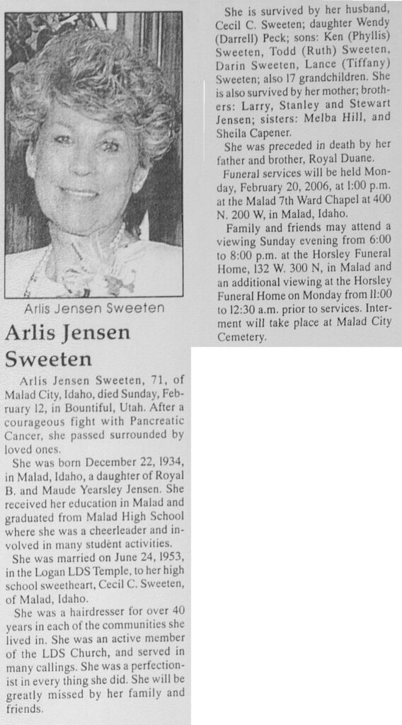 Arlis Jensen Sweeten obit
