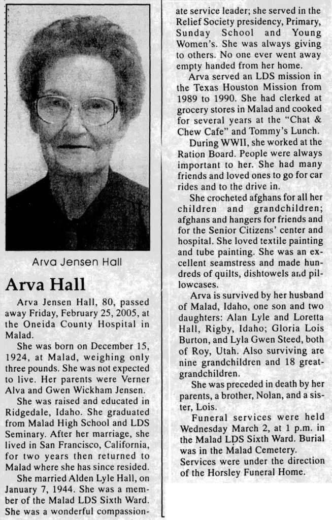 Arva Jensen Hall obit