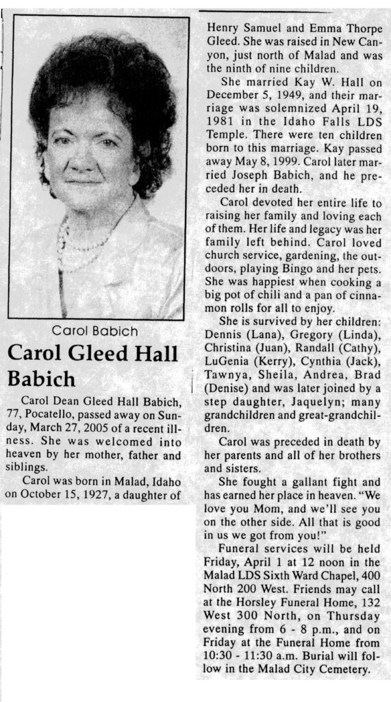 Carol Gleed Hall Babich obit