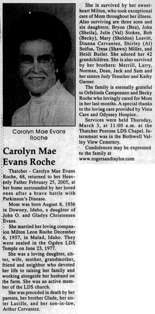 Carolyn Mae Evans Roche obit