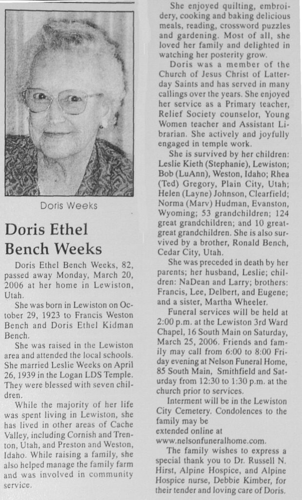 Doris Ethel Bench Weeks obit
