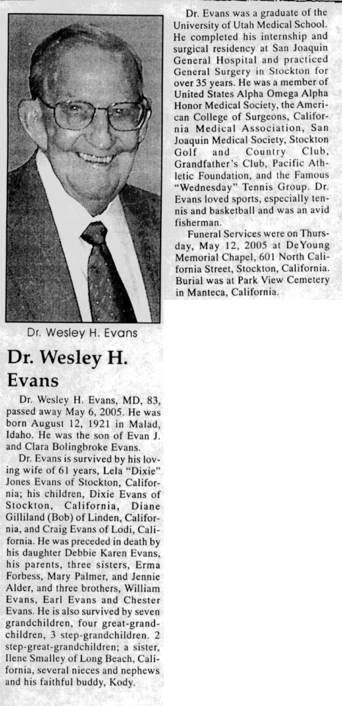 Dr Wesley H Evans obit