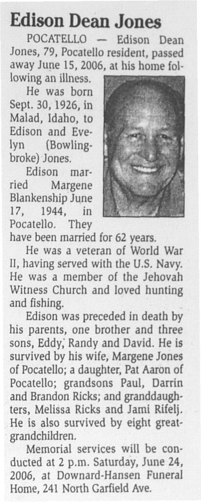 Edison Dean Jones obit