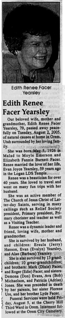 Edith Renee Facer Yearsley obit
