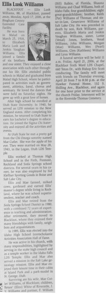 Ellis Lusk Williams obit